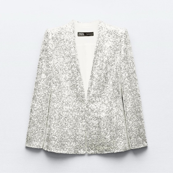 ZARA 2 PIECES SEQUIN BLAZER SILVER AND HIGHT WAISTED SHORTS SIZE XS - Picture 13 of 14